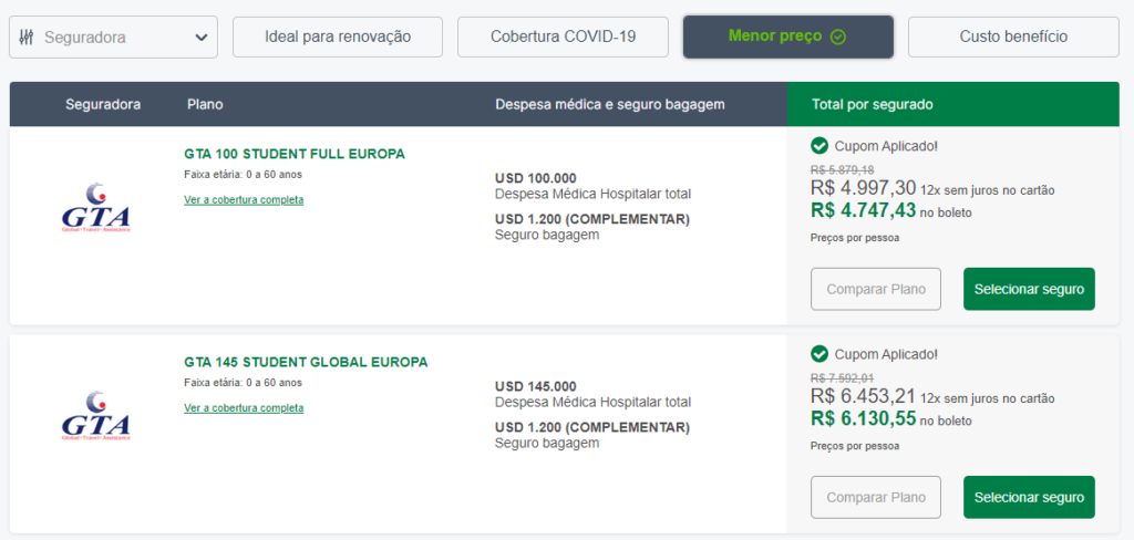 Pesquisa de Seguro Intercambio para Espanha na Seguros Promo